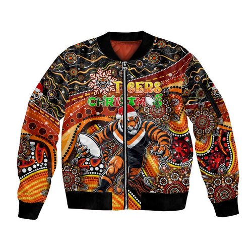 Merry Christmas Wests Tigers Sleeve Zip Bomber Jacket Aboriginal Santa Rugby Mascot - The Tigers