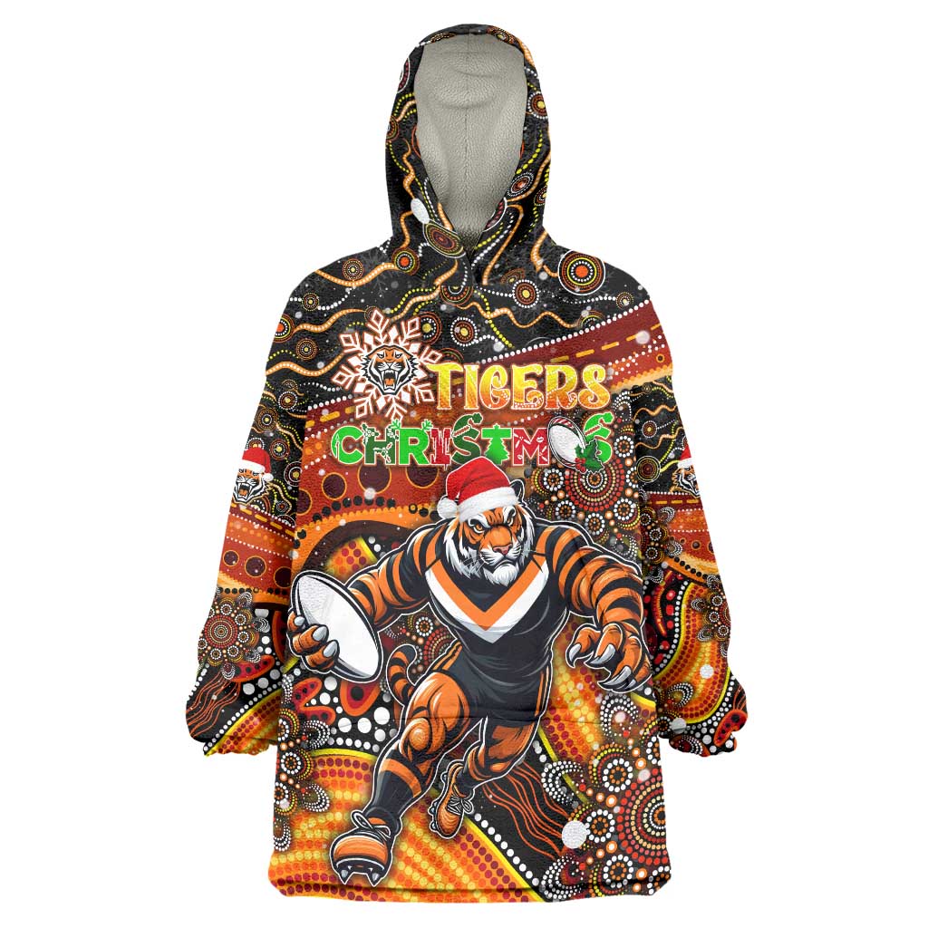 Merry Christmas Wests Tigers Wearable Blanket Hoodie Aboriginal Santa Rugby Mascot - The Tigers