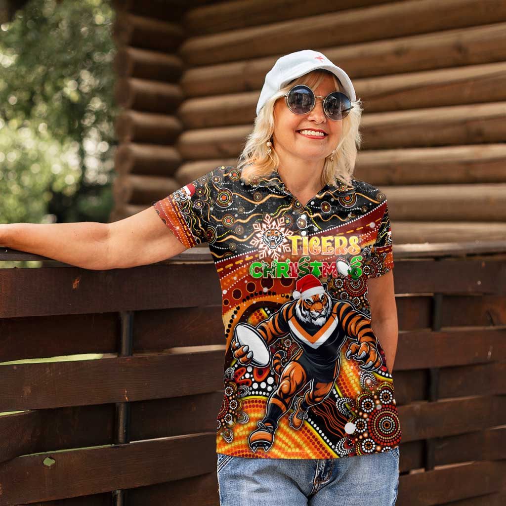 Merry Christmas Wests Tigers Women Polo Shirt Aboriginal Santa Rugby Mascot - The Tigers