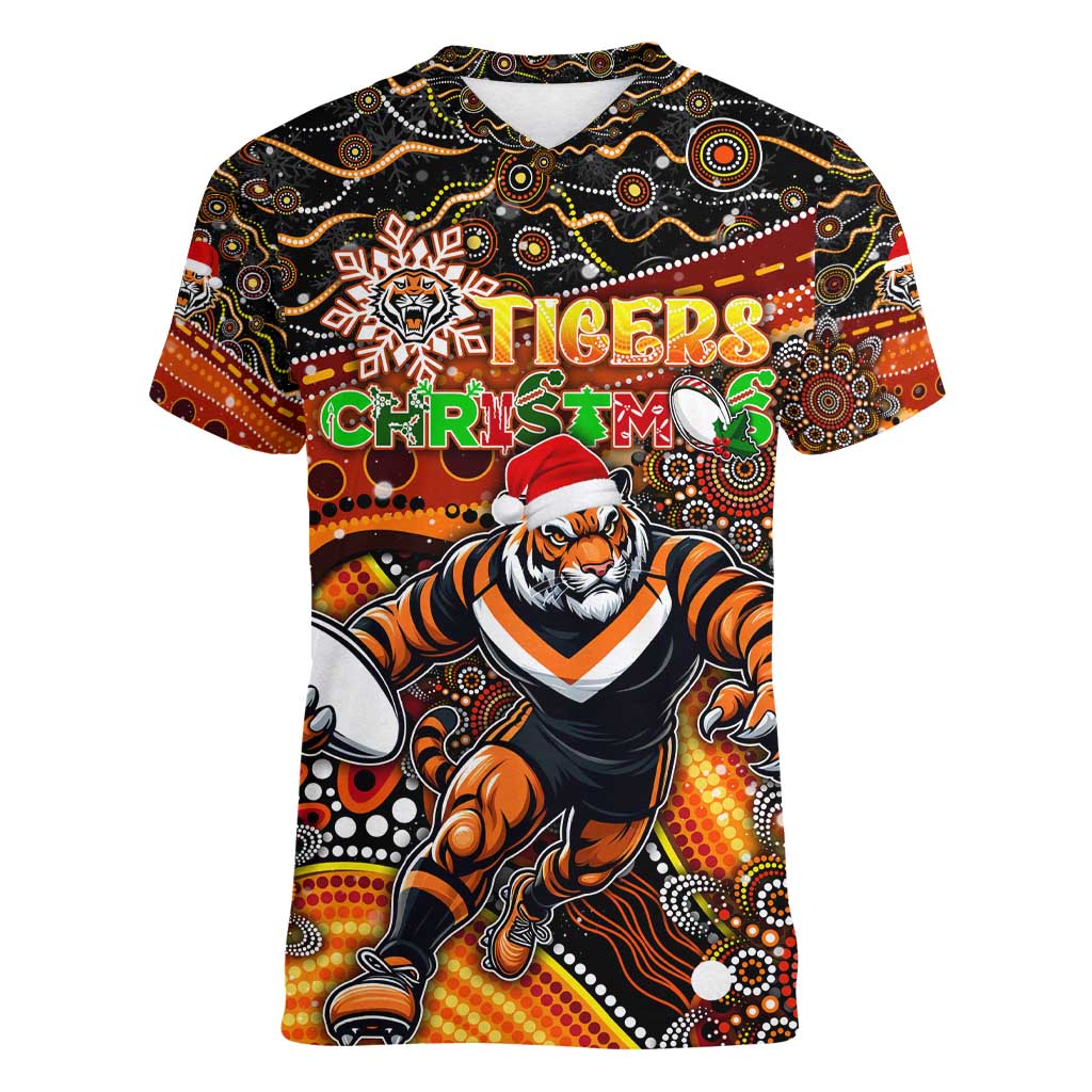 Merry Christmas Wests Tigers Women V-Neck T-Shirt Aboriginal Santa Rugby Mascot - The Tigers