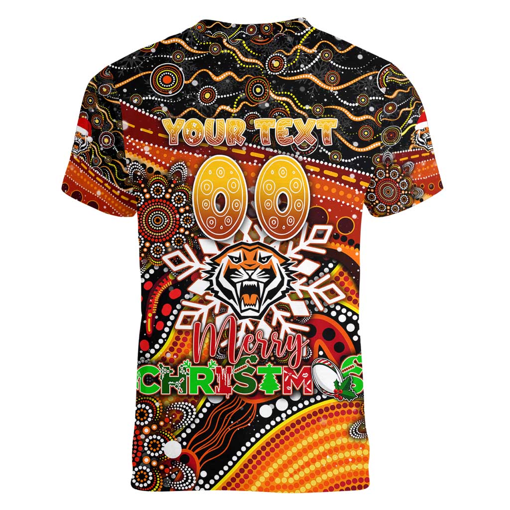 Merry Christmas Wests Tigers Women V-Neck T-Shirt Aboriginal Santa Rugby Mascot - The Tigers