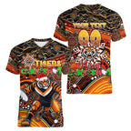 Merry Christmas Wests Tigers Women V-Neck T-Shirt Aboriginal Santa Rugby Mascot - The Tigers