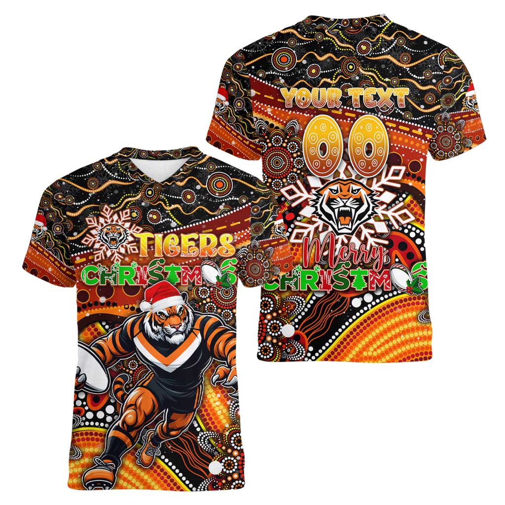 Merry Christmas Wests Tigers Women V-Neck T-Shirt Aboriginal Santa Rugby Mascot - The Tigers