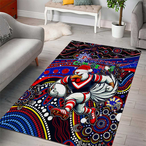 Merry Christmas Sydney Roosters Area Rug Aboriginal Santa Rugby Mascot - Tricolours
