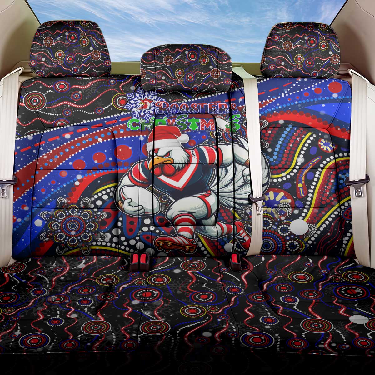 Merry Christmas Sydney Roosters Back Car Seat Cover Aboriginal Santa Rugby Mascot - Tricolours