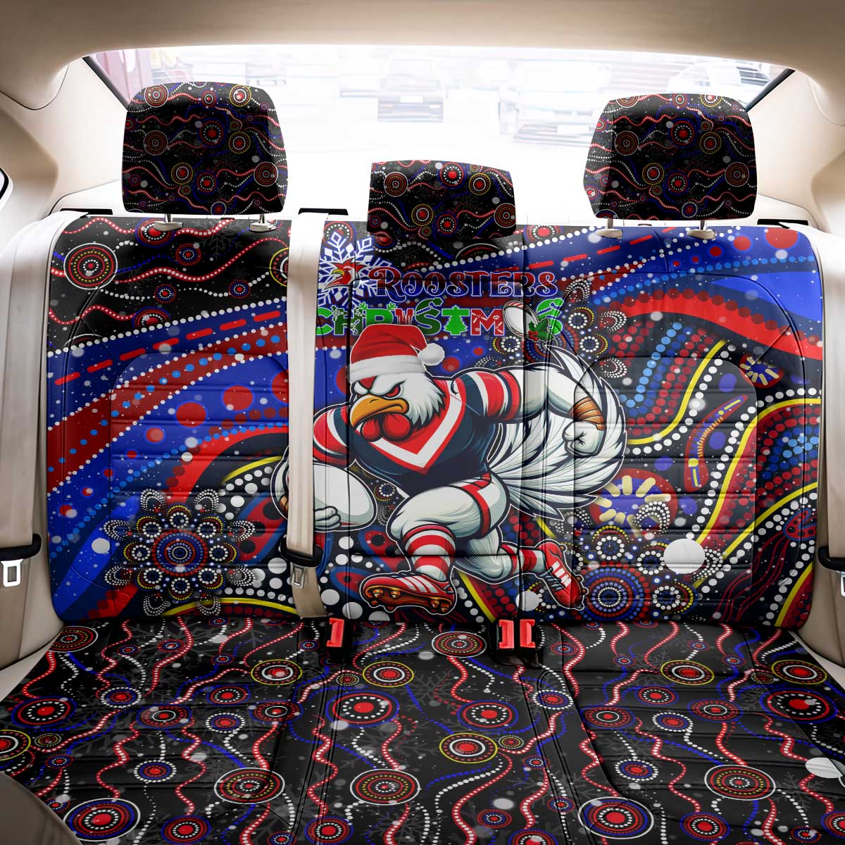 Merry Christmas Sydney Roosters Back Car Seat Cover Aboriginal Santa Rugby Mascot - Tricolours