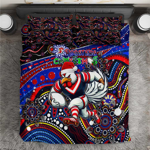 Merry Christmas Sydney Roosters Bedding Set Aboriginal Santa Rugby Mascot - Tricolours