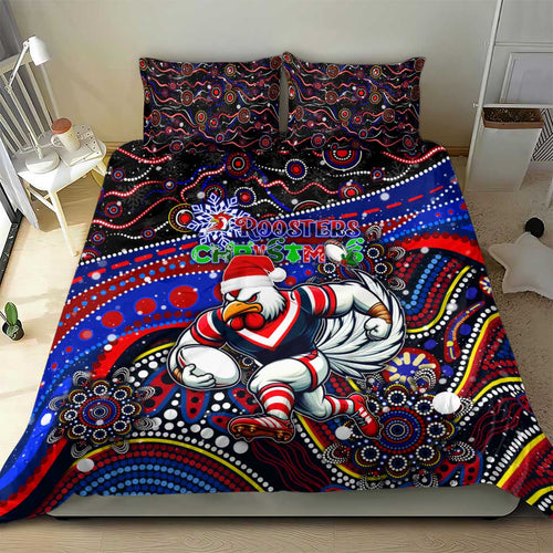 Merry Christmas Sydney Roosters Bedding Set Aboriginal Santa Rugby Mascot - Tricolours