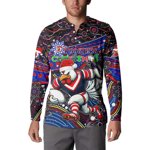 Merry Christmas Sydney Roosters Button Sweatshirt Aboriginal Santa Rugby Mascot - Tricolours