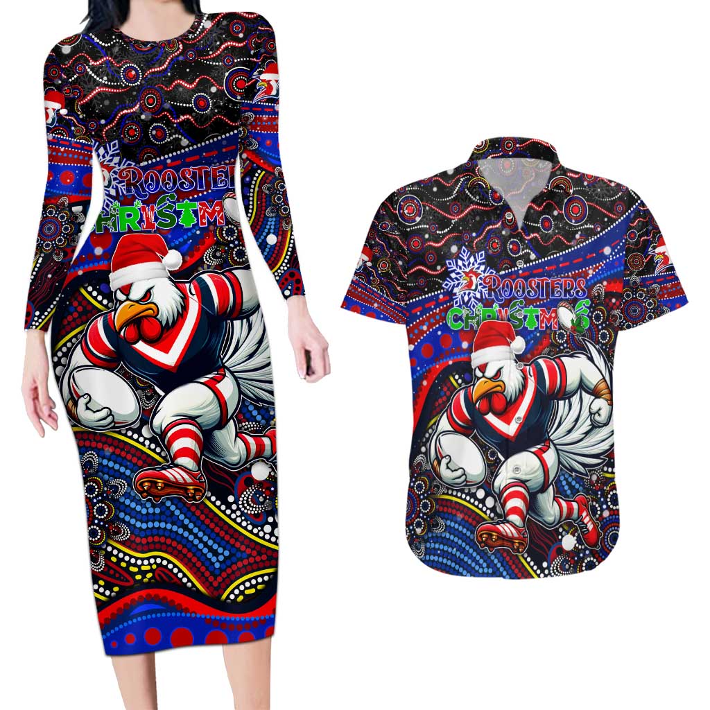 Merry Christmas Sydney Roosters Couples Matching Long Sleeve Bodycon Dress and Hawaiian Shirt Aboriginal Santa Rugby Mascot - Tricolours