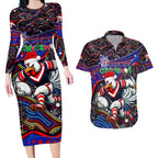 Merry Christmas Sydney Roosters Couples Matching Long Sleeve Bodycon Dress and Hawaiian Shirt Aboriginal Santa Rugby Mascot - Tricolours