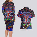 Merry Christmas Sydney Roosters Couples Matching Long Sleeve Bodycon Dress and Hawaiian Shirt Aboriginal Santa Rugby Mascot - Tricolours