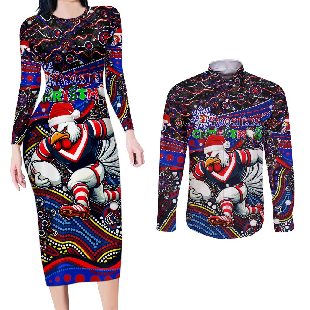 Merry Christmas Sydney Roosters Couples Matching Long Sleeve Bodycon Dress and Long Sleeve Button Shirt Aboriginal Santa Rugby Mascot - Tricolours