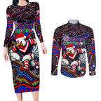 Merry Christmas Sydney Roosters Couples Matching Long Sleeve Bodycon Dress and Long Sleeve Button Shirt Aboriginal Santa Rugby Mascot - Tricolours