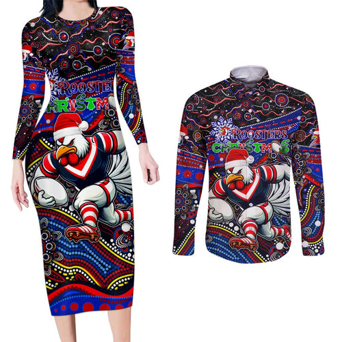 Merry Christmas Sydney Roosters Couples Matching Long Sleeve Bodycon Dress and Long Sleeve Button Shirt Aboriginal Santa Rugby Mascot - Tricolours