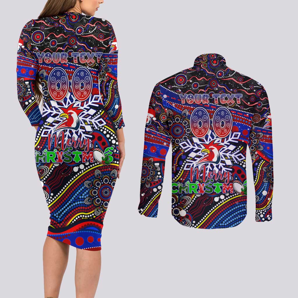Merry Christmas Sydney Roosters Couples Matching Long Sleeve Bodycon Dress and Long Sleeve Button Shirt Aboriginal Santa Rugby Mascot - Tricolours