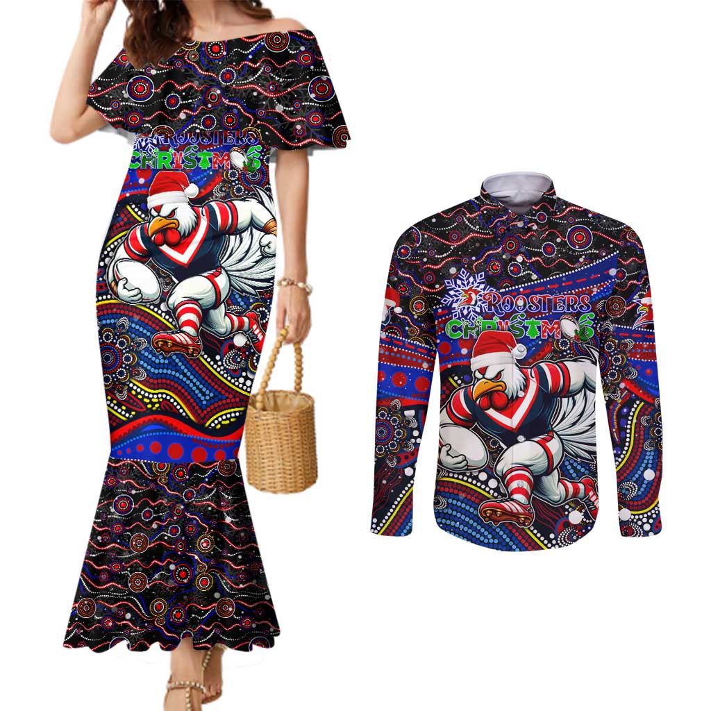 Merry Christmas Sydney Roosters Couples Matching Mermaid Dress and Long Sleeve Button Shirt Aboriginal Santa Rugby Mascot - Tricolours