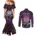 Merry Christmas Sydney Roosters Couples Matching Mermaid Dress and Long Sleeve Button Shirt Aboriginal Santa Rugby Mascot - Tricolours