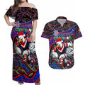 Merry Christmas Sydney Roosters Couples Matching Off Shoulder Maxi Dress and Hawaiian Shirt Aboriginal Santa Rugby Mascot - Tricolours