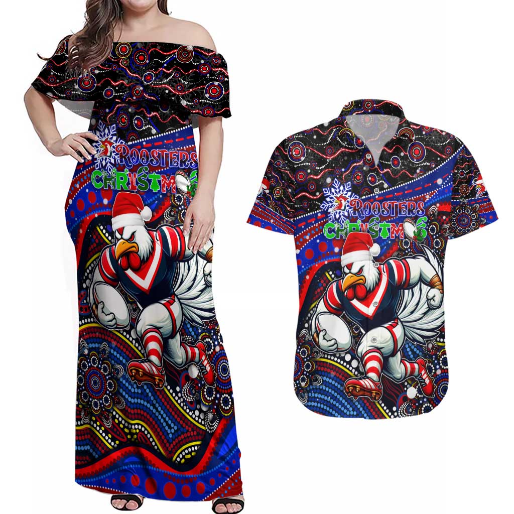 Merry Christmas Sydney Roosters Couples Matching Off Shoulder Maxi Dress and Hawaiian Shirt Aboriginal Santa Rugby Mascot - Tricolours