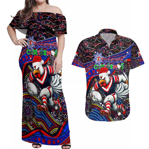 Merry Christmas Sydney Roosters Couples Matching Off Shoulder Maxi Dress and Hawaiian Shirt Aboriginal Santa Rugby Mascot - Tricolours