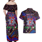 Merry Christmas Sydney Roosters Couples Matching Off Shoulder Maxi Dress and Hawaiian Shirt Aboriginal Santa Rugby Mascot - Tricolours