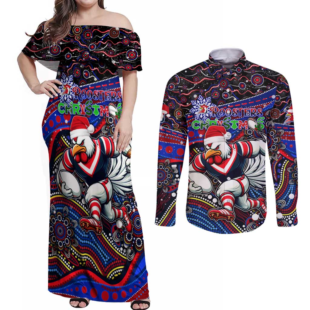 Merry Christmas Sydney Roosters Couples Matching Off Shoulder Maxi Dress and Long Sleeve Button Shirt Aboriginal Santa Rugby Mascot - Tricolours