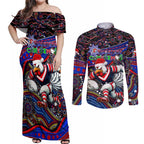 Merry Christmas Sydney Roosters Couples Matching Off Shoulder Maxi Dress and Long Sleeve Button Shirt Aboriginal Santa Rugby Mascot - Tricolours