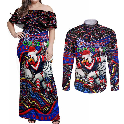 Merry Christmas Sydney Roosters Couples Matching Off Shoulder Maxi Dress and Long Sleeve Button Shirt Aboriginal Santa Rugby Mascot - Tricolours