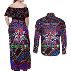 Merry Christmas Sydney Roosters Couples Matching Off Shoulder Maxi Dress and Long Sleeve Button Shirt Aboriginal Santa Rugby Mascot - Tricolours