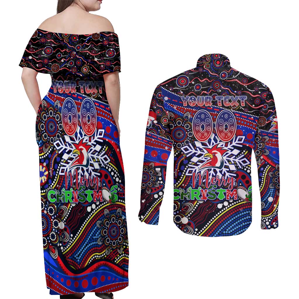 Merry Christmas Sydney Roosters Couples Matching Off Shoulder Maxi Dress and Long Sleeve Button Shirt Aboriginal Santa Rugby Mascot - Tricolours