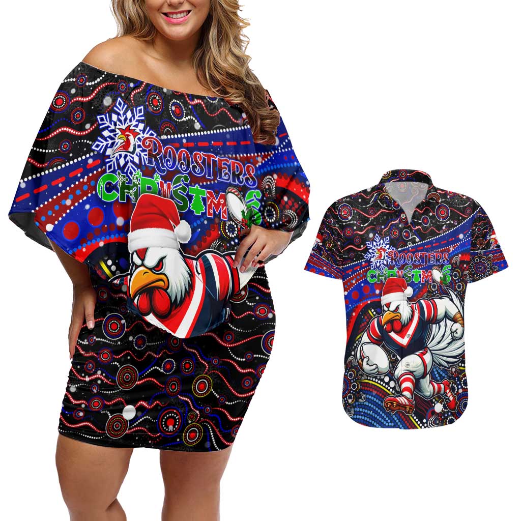 Merry Christmas Sydney Roosters Couples Matching Off Shoulder Short Dress and Hawaiian Shirt Aboriginal Santa Rugby Mascot - Tricolours
