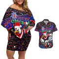 Merry Christmas Sydney Roosters Couples Matching Off Shoulder Short Dress and Hawaiian Shirt Aboriginal Santa Rugby Mascot - Tricolours