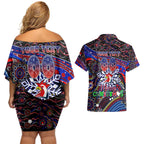 Merry Christmas Sydney Roosters Couples Matching Off Shoulder Short Dress and Hawaiian Shirt Aboriginal Santa Rugby Mascot - Tricolours