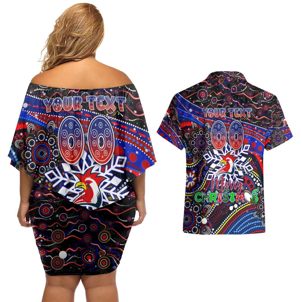 Merry Christmas Sydney Roosters Couples Matching Off Shoulder Short Dress and Hawaiian Shirt Aboriginal Santa Rugby Mascot - Tricolours