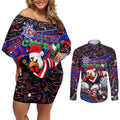 Merry Christmas Sydney Roosters Couples Matching Off Shoulder Short Dress and Long Sleeve Button Shirt Aboriginal Santa Rugby Mascot - Tricolours