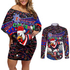 Merry Christmas Sydney Roosters Couples Matching Off Shoulder Short Dress and Long Sleeve Button Shirt Aboriginal Santa Rugby Mascot - Tricolours