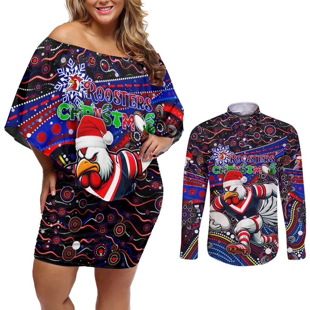 Merry Christmas Sydney Roosters Couples Matching Off Shoulder Short Dress and Long Sleeve Button Shirt Aboriginal Santa Rugby Mascot - Tricolours