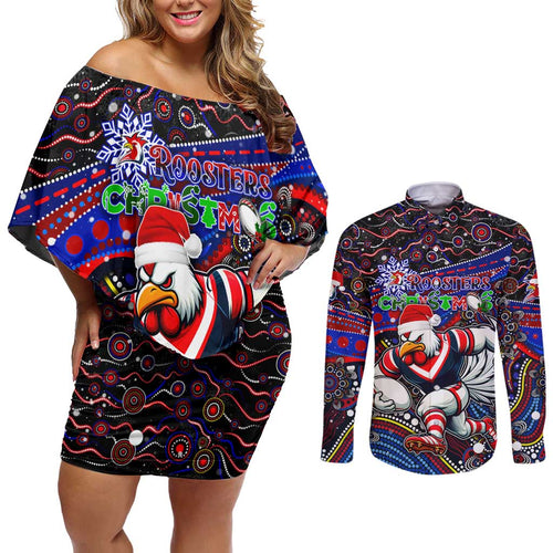 Merry Christmas Sydney Roosters Couples Matching Off Shoulder Short Dress and Long Sleeve Button Shirt Aboriginal Santa Rugby Mascot - Tricolours