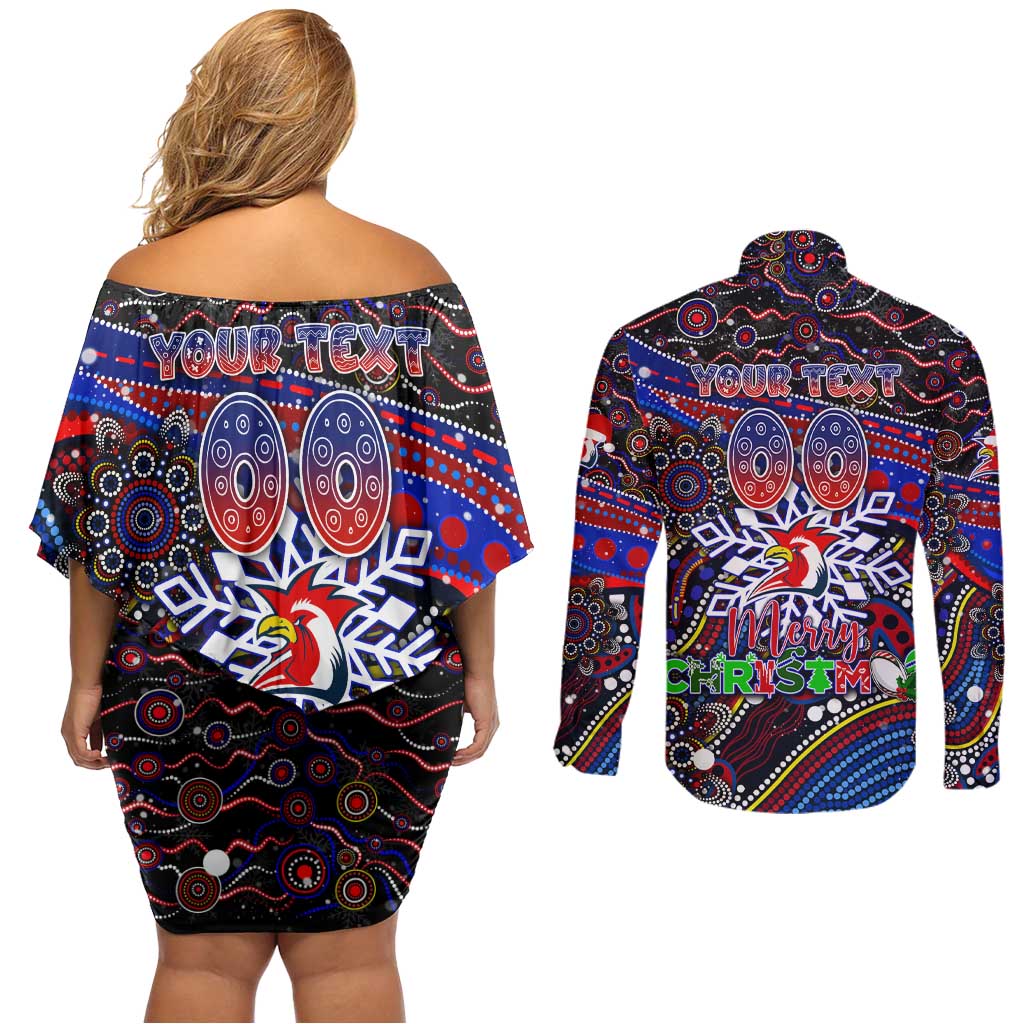 Merry Christmas Sydney Roosters Couples Matching Off Shoulder Short Dress and Long Sleeve Button Shirt Aboriginal Santa Rugby Mascot - Tricolours