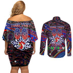 Merry Christmas Sydney Roosters Couples Matching Off Shoulder Short Dress and Long Sleeve Button Shirt Aboriginal Santa Rugby Mascot - Tricolours