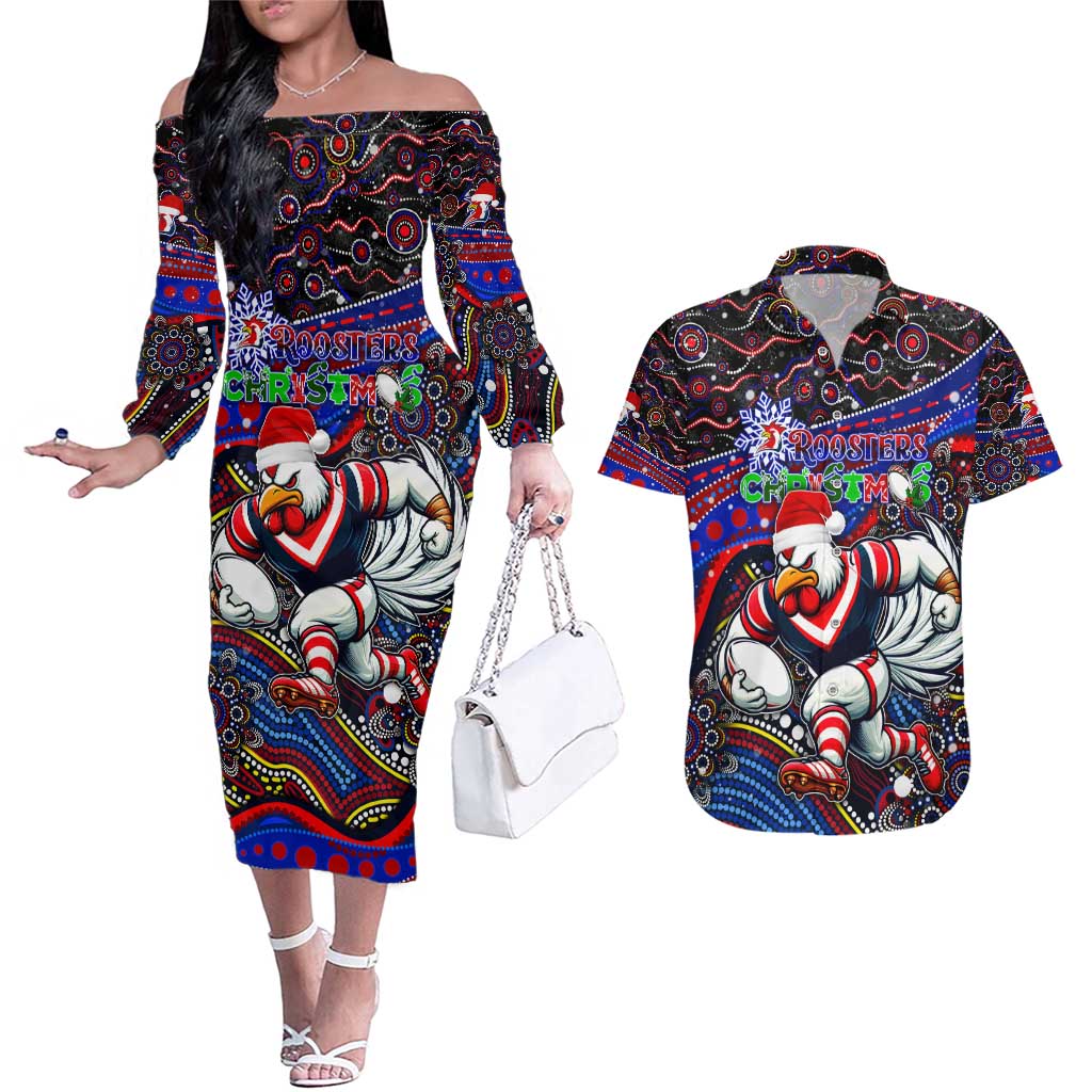 Merry Christmas Sydney Roosters Couples Matching Off The Shoulder Long Sleeve Dress and Hawaiian Shirt Aboriginal Santa Rugby Mascot - Tricolours