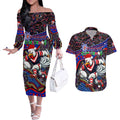 Merry Christmas Sydney Roosters Couples Matching Off The Shoulder Long Sleeve Dress and Hawaiian Shirt Aboriginal Santa Rugby Mascot - Tricolours