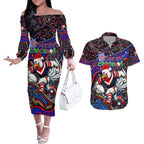 Merry Christmas Sydney Roosters Couples Matching Off The Shoulder Long Sleeve Dress and Hawaiian Shirt Aboriginal Santa Rugby Mascot - Tricolours