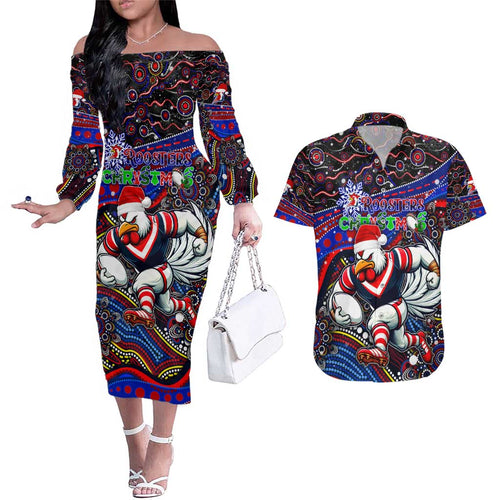 Merry Christmas Sydney Roosters Couples Matching Off The Shoulder Long Sleeve Dress and Hawaiian Shirt Aboriginal Santa Rugby Mascot - Tricolours