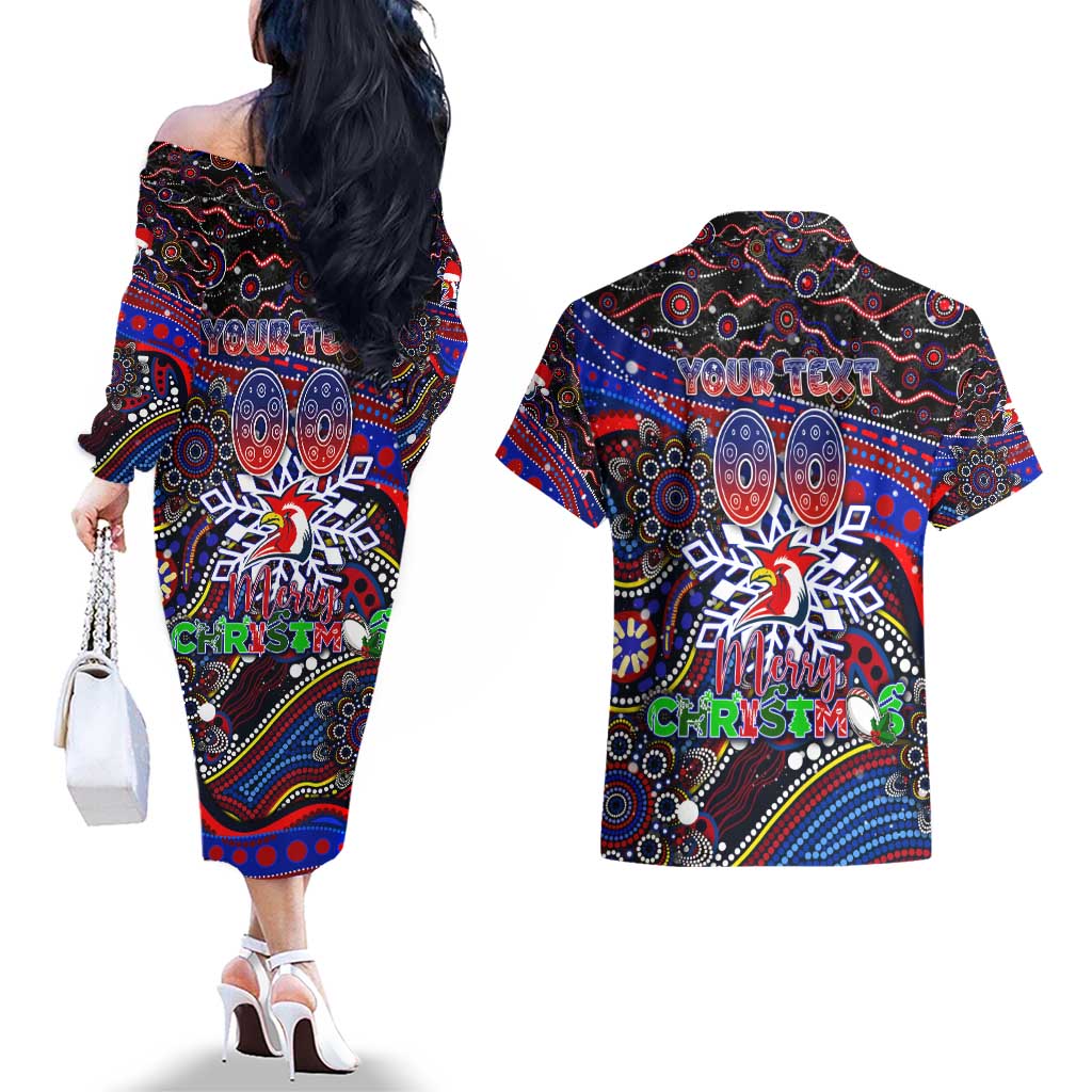 Merry Christmas Sydney Roosters Couples Matching Off The Shoulder Long Sleeve Dress and Hawaiian Shirt Aboriginal Santa Rugby Mascot - Tricolours