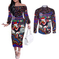 Merry Christmas Sydney Roosters Couples Matching Off The Shoulder Long Sleeve Dress and Long Sleeve Button Shirt Aboriginal Santa Rugby Mascot - Tricolours