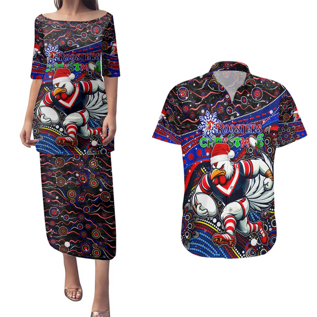 Merry Christmas Sydney Roosters Couples Matching Puletasi and Hawaiian Shirt Aboriginal Santa Rugby Mascot - Tricolours