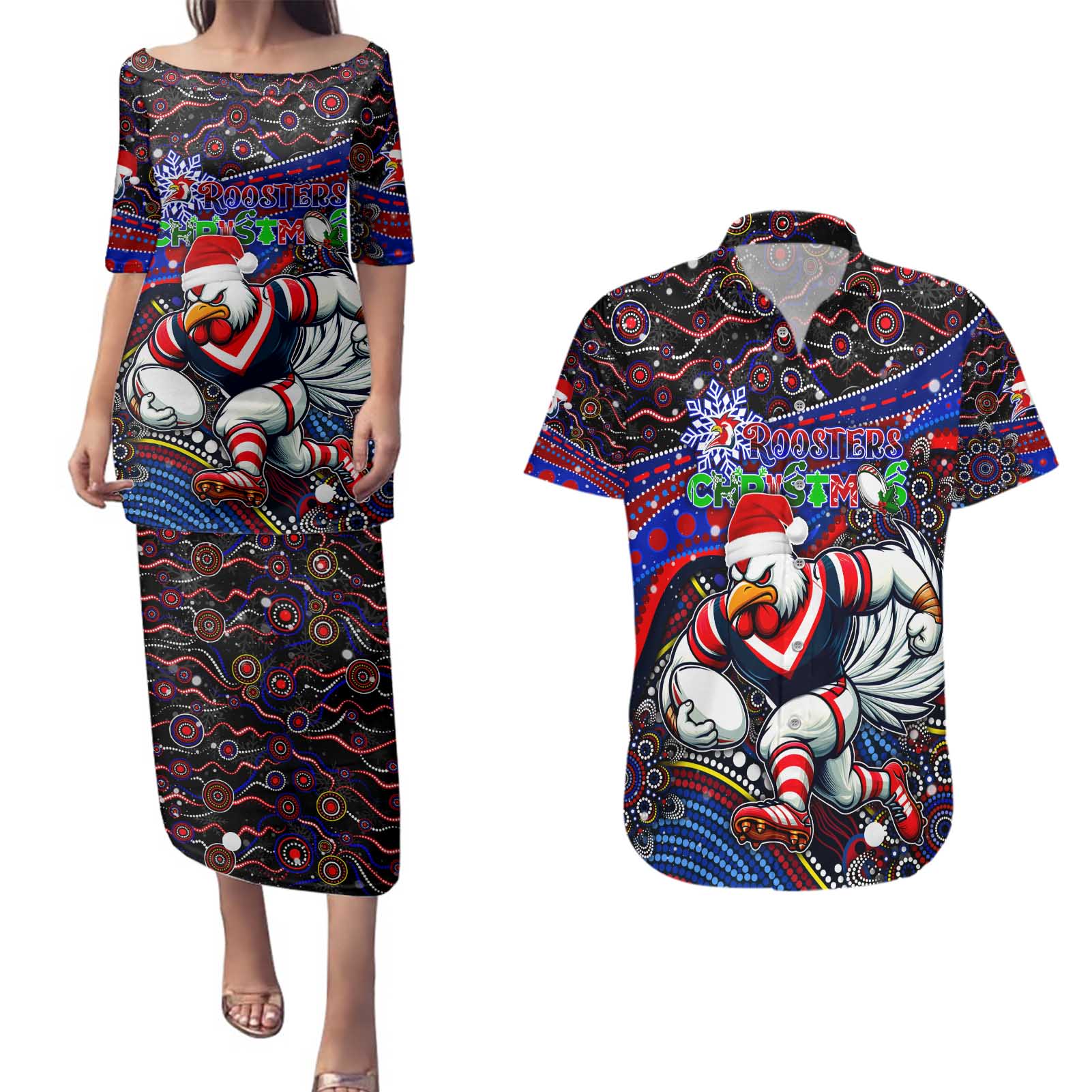 Merry Christmas Sydney Roosters Couples Matching Puletasi and Hawaiian Shirt Aboriginal Santa Rugby Mascot - Tricolours