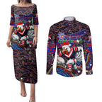Merry Christmas Sydney Roosters Couples Matching Puletasi and Long Sleeve Button Shirt Aboriginal Santa Rugby Mascot - Tricolours